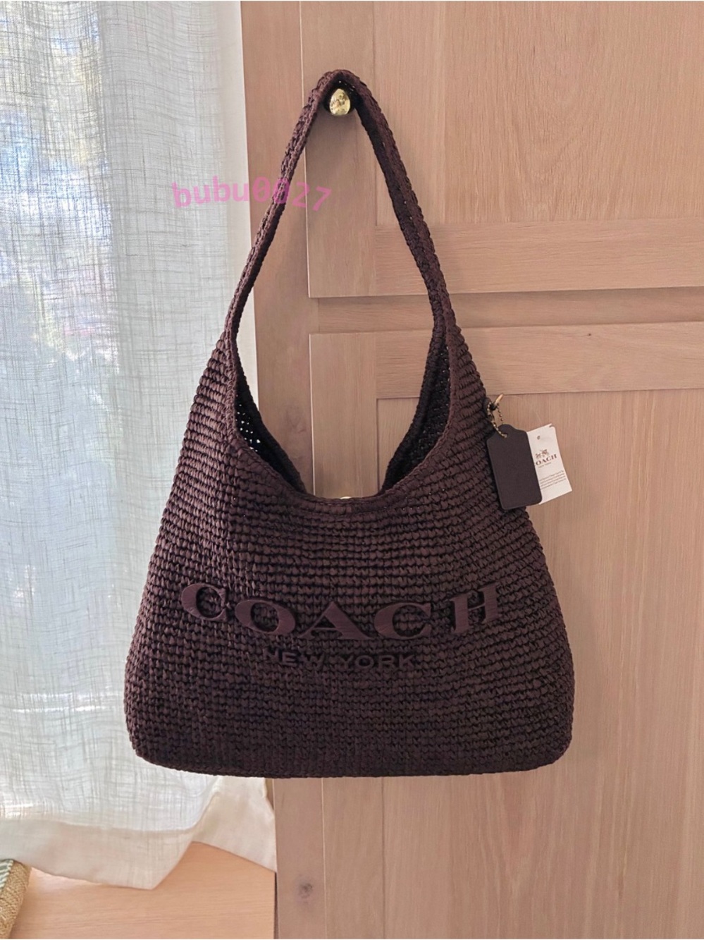 NWTšCoach Brooklyn Shoulder Bag 34 Maple Dark Brown CDZ38 Straw Tote Woven Fall - Picture 2 of 8